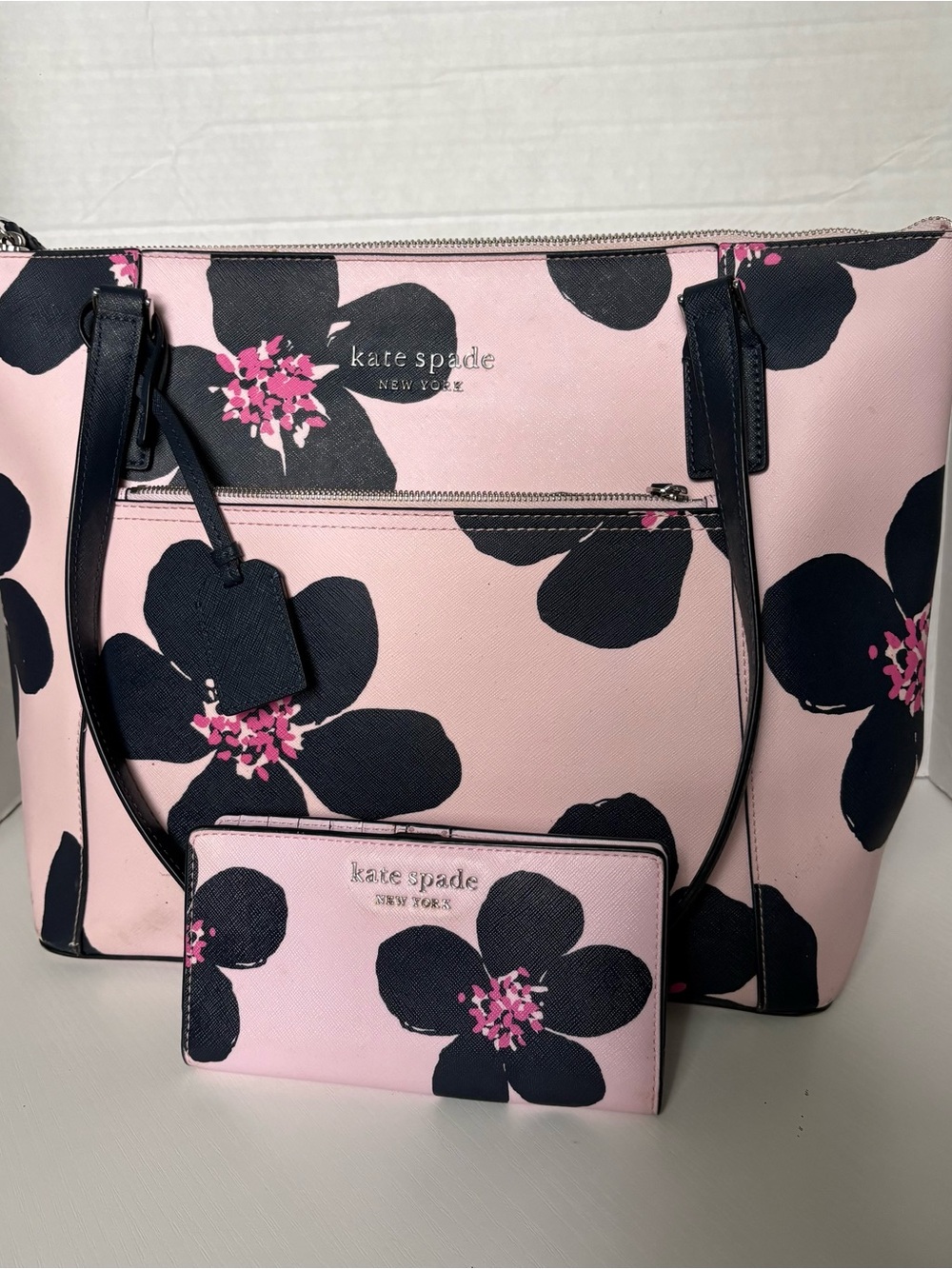 kate spade Pink Floral Tote with Black Accents and Matching Wallet